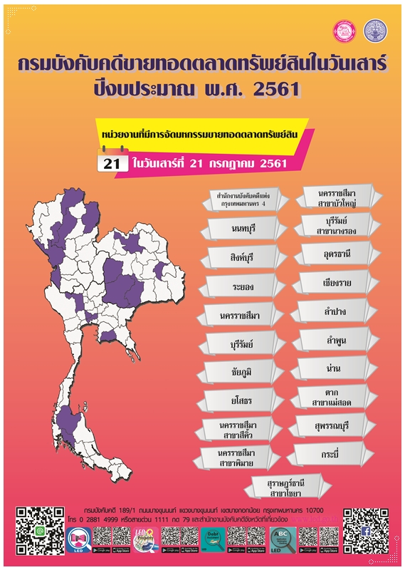 ﻿กรมบังคับคดีจัดการขายทอดตลาดทรัพย์สินทุกวันเสาร์ สำหรับเดือนกรกฎาคม 2561